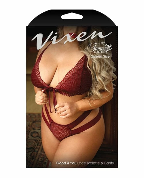 Fantasy Lingerie Vixen Good 4 You Lace Triangle Bralette & Panty Burgundy Queen Size