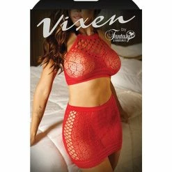 Fantasy Lingerie Vixen High Neck Halter Net Top & Tie Back Skirt Red