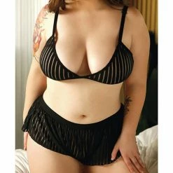 Fantasy Lingerie Vixen Striped Mesh Bralette & Shorties Black Qn