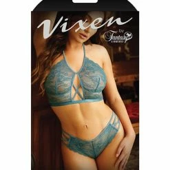 Fantasy Lingerie Vixen Teal Me No Lies Crisscross Lace Halter Bralette & Panty Teal One Size Fits Most