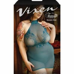 Fantasy Lingerie Vixen Teal Me When Halter Net Dress With Floral Lace Design Teal Queen Size