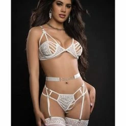 G World Intimates Caged Wired Bra, Garter Panty & Stockings One Size Fits Most