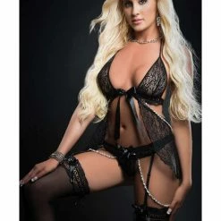 G World Intimates Cut Out Open Front Flyaway Babydoll With Pearl Chains & Garter Panty One Size Fits Most