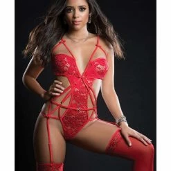 G World Intimates Embroidered Lace Strappy Garter Teddy & Stockings One Size Fits Most Lingerie