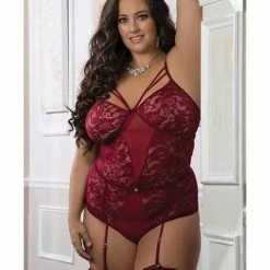 G World Intimates Floral Lace Strappy Garter Teddy With Leg Garters French Cognac Queen Size