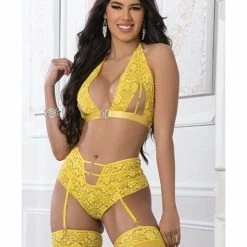 G World Intimates Lingerie High Waist Lace Garter Panty, Halter Top With Stockings Illuminating One Size Fits Most