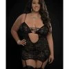 G World Intimates Lingerie Lace Up Plunge Garter Slip, Stockings & Thong Blackout Queen Size