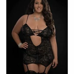 G World Intimates Lingerie Lace Up Plunge Garter Slip, Stockings & Thong Blackout Queen Size