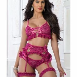 G World Intimates Lace Up Top, With Matching Cheekini, Garterbelt & Leg Garters Berry Sorbet One Size Fits Most