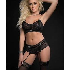 G World Intimates Lingerie Lacey Bustier Top, Garter Boyshort With Stockings
