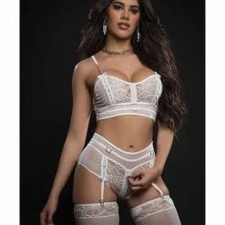 G World Intimates Lingerie Lacey Bustier Top, Garter Boyshort With Stockings