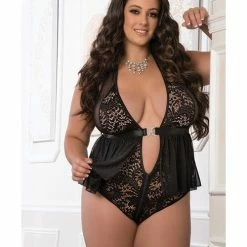 G World Intimates Lingerie Zipper Crotch Teddy Babydoll Black Queen Size