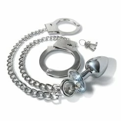 Global Novelties LLC Kink & BDSM Nixie Metal Butt Plug W-inlaid Jewel & Cuff Set - Silver Metallic