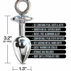 Global Novelties LLC Kink & BDSM Nixie Metal Butt Plug W-inlaid Jewel & Cuff Set - Silver Metallic