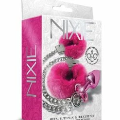 Global Novelties LLC Nixie Metal Butt Plug With Inlaid Jewel & Fur Cuff Set