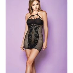 Icollection Lingerie Best Behavior Halter Chemise W-front Floral & Fishnet Side Panels Black O-s
