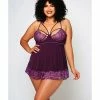 Icollection Lingerie Cross Dye Lace & Microfiber Babydoll & G-string Purple