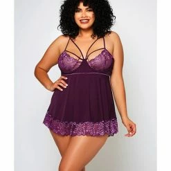 Icollection Lingerie Cross Dye Lace & Microfiber Babydoll & G-string Purple