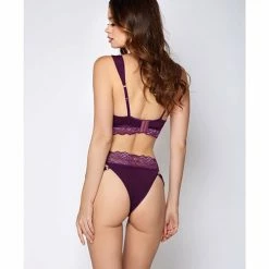 Icollection Lingerie Cross Dye Lace & Microfiber Bra Set & Panty Purple