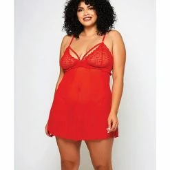 Icollection Lingerie Galloon Lace & Fine Mesh Babydoll & G-string Red