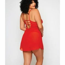 Icollection Lingerie Galloon Lace & Fine Mesh Babydoll & G-string Red