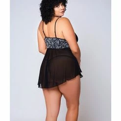 Icollection Lingerie Galloon Lace, Micro Fiber & Fine Mesh Soft Cup Babydoll With G-string Navy/black