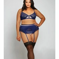 ICollection Lingerie Geometric Lace With Matte Microfiber Ba, Garter Belt & G-string