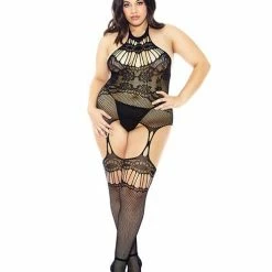 ICollection Lingerie Halter Fishnet Bodystocking Black Queen Size