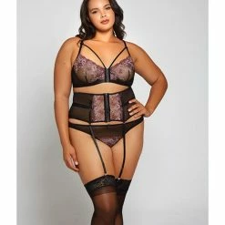 ICollection Lingerie Jacquard Lace, Fine Mesh, Waist Cincher Garter & Thong