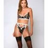 Icollection Lingerie Long Line Bra With Strappy Garter & Lace G-string Pink/black