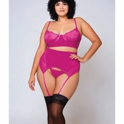 Icollection Lingerie Soft Lace Bra, High Waist Satin & Mesh Garterbelt & G-string Fuchsia
