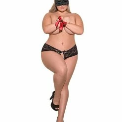 Magic Moments Int'l Love & Bondage Split Back Lace Booty Short, Blindfold & Wrist Ties Black Qn