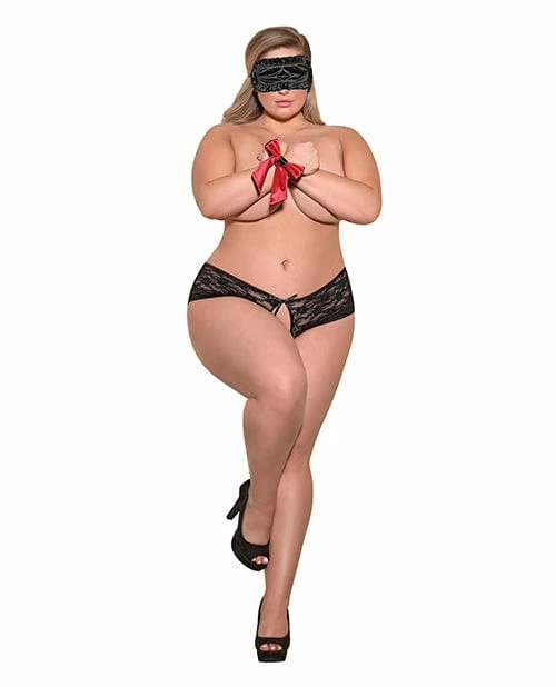 Magic Moments Int'l Love & Bondage Split Back Lace Booty Short, Blindfold & Wrist Ties Black Qn