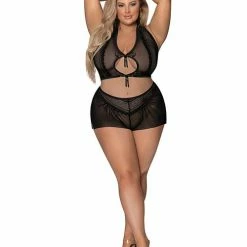 Magic Moments Int'l Lingerie Modern Romance Tie Front Halter & Tap Pant Black 2x