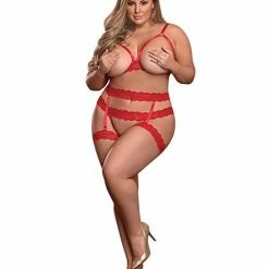Magic Moments Int'l Risque Business Cupless Bra, Garter & Crotchless Panty Red Qn