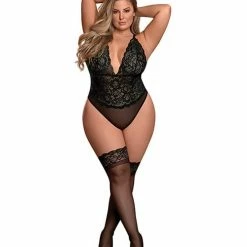 Magic Moments Int'l Risque Business Lace & Mesh Teddy W-snap Crotch Black Qn Lingerie