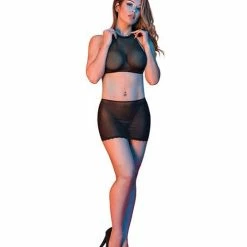 Magic Moments Int'l Sexy Time Courtney Polka Dot Mesh Halter & Skirt Black Lingerie
