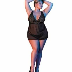 Magic Moments Int'l Sexy Time Zoey Babydoll W-flyaway Back Black Qn Lingerie