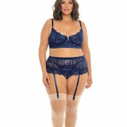 Oh La La Cheri Lingerie Adrienne Underwire Bra, High Waist Garterbelt & G-string Estate Blue