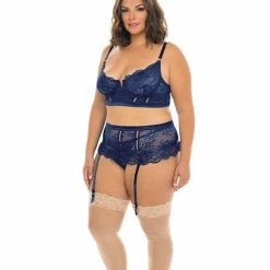Oh La La Cheri Lingerie Adrienne Underwire Bra, High Waist Garterbelt & G-string Estate Blue