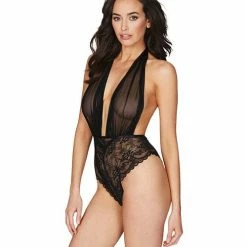 Oh La La Cheri Aria Mesh Plunge Halter Teddy Dazzling One Size Fits Most Lingerie