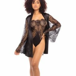 Oh La La Cheri Lingerie Elishia Satin Robe With Wide Eyelash Sleeves & Lace Teddy