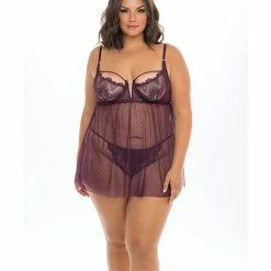 Oh La La Cheri Lingerie Eve Lace & Pin Dot Mesh Babydoll With G-string Italian Plum