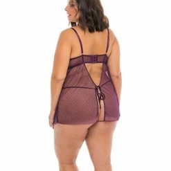 Oh La La Cheri Lingerie Eve Lace & Pin Dot Mesh Babydoll With G-string Italian Plum