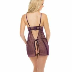 Oh La La Cheri Lingerie Eve Lace & Pin Dot Mesh Babydoll With G-string Italian Plum