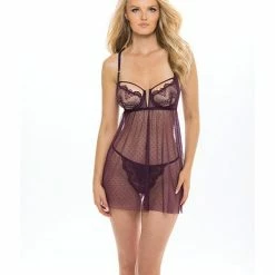 Oh La La Cheri Lingerie Eve Lace & Pin Dot Mesh Babydoll With G-string Italian Plum