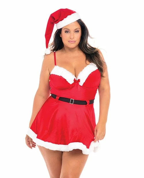 Oh La La Cheri Holiday Velvet Babydoll W-marabou Trim & Santa Hat Red 1x-2x Lingerie