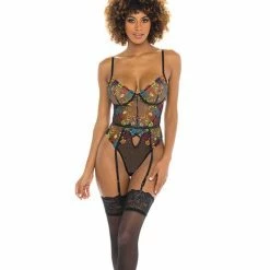 Oh La La Cheri Isla Embroidered Mesh Teddy With Garter Straps Black Lingerie