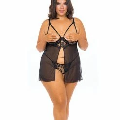 Oh La La Cheri Kira Embroidered Open Cup Flyaway Babydoll & G-string Lingerie