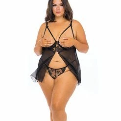 Oh La La Cheri Kira Embroidered Open Cup Flyaway Babydoll & G-string Lingerie